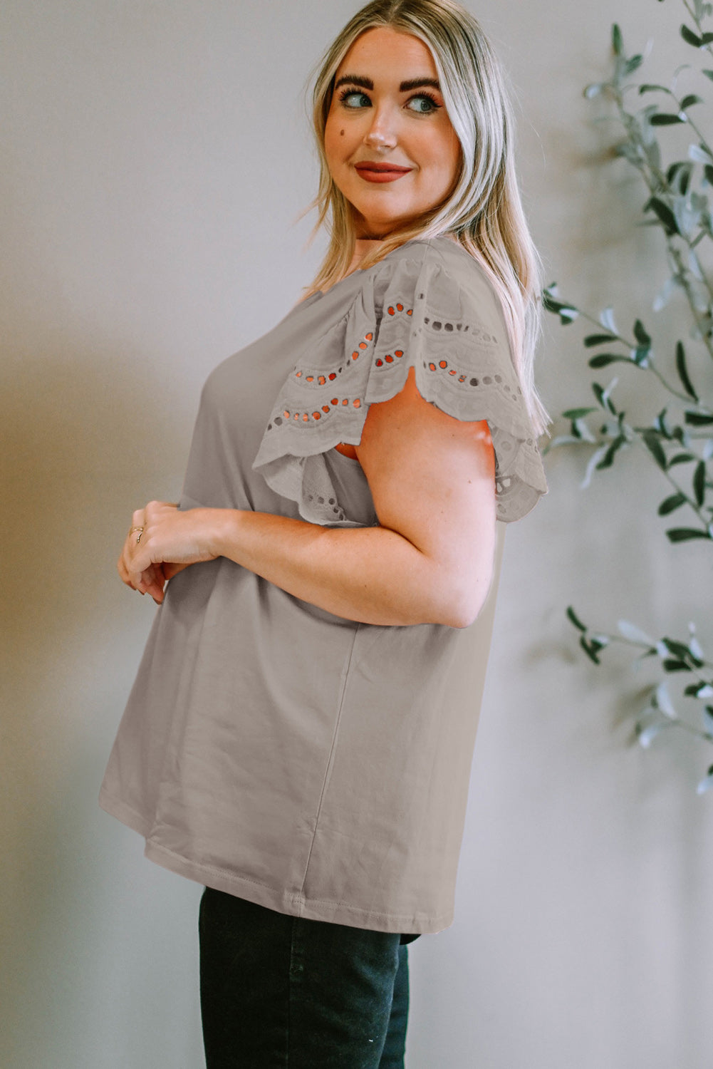 Plus Size Eyelet Round Neck Short Sleeve Blouse - The Boutie Shop