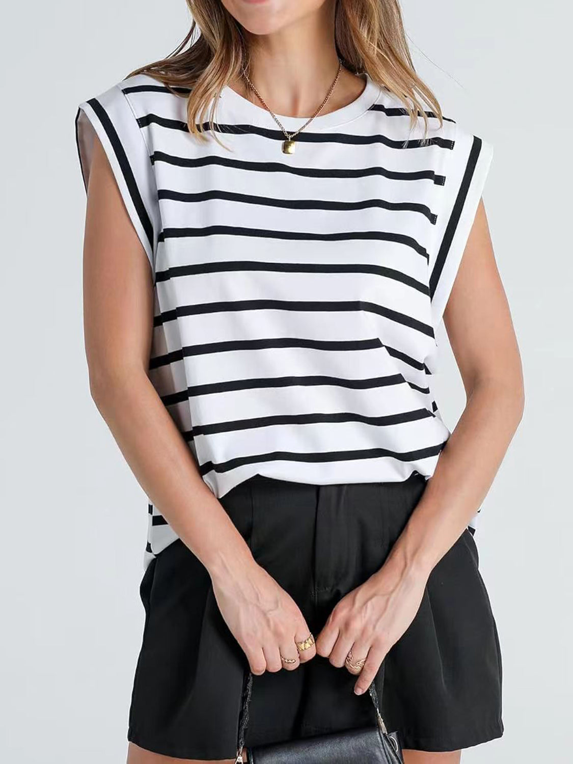 Striped Round Neck Cap Sleeve T-Shirt - The Boutie Shop