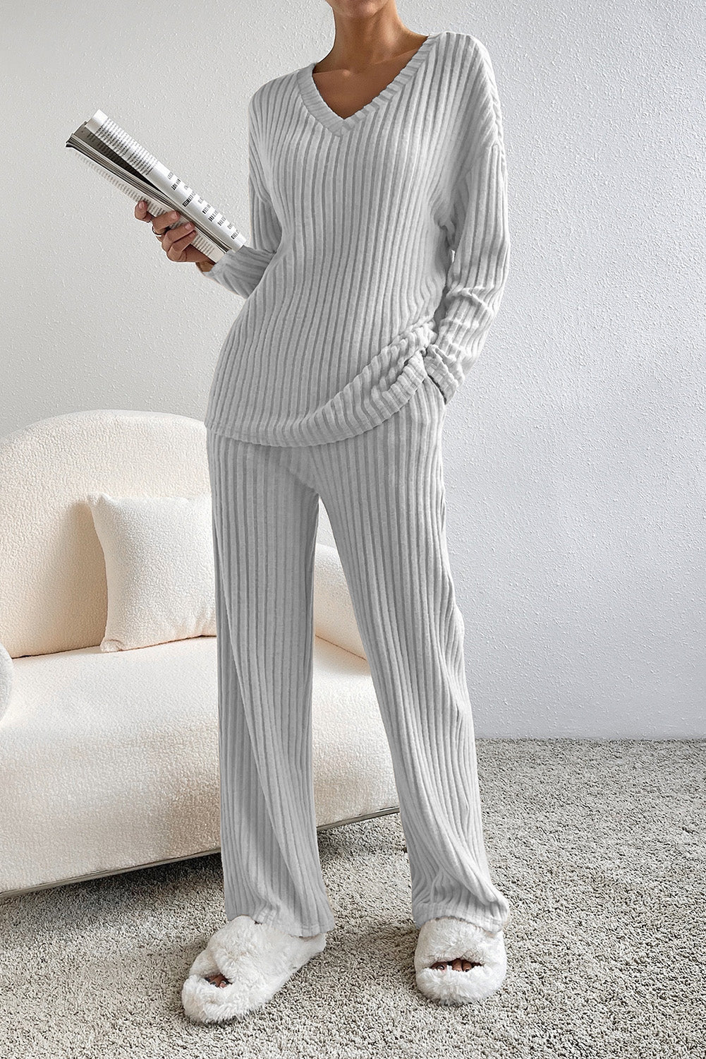 Ribbed V-Neck Top and Pants Lounge Set - The Boutie Shop