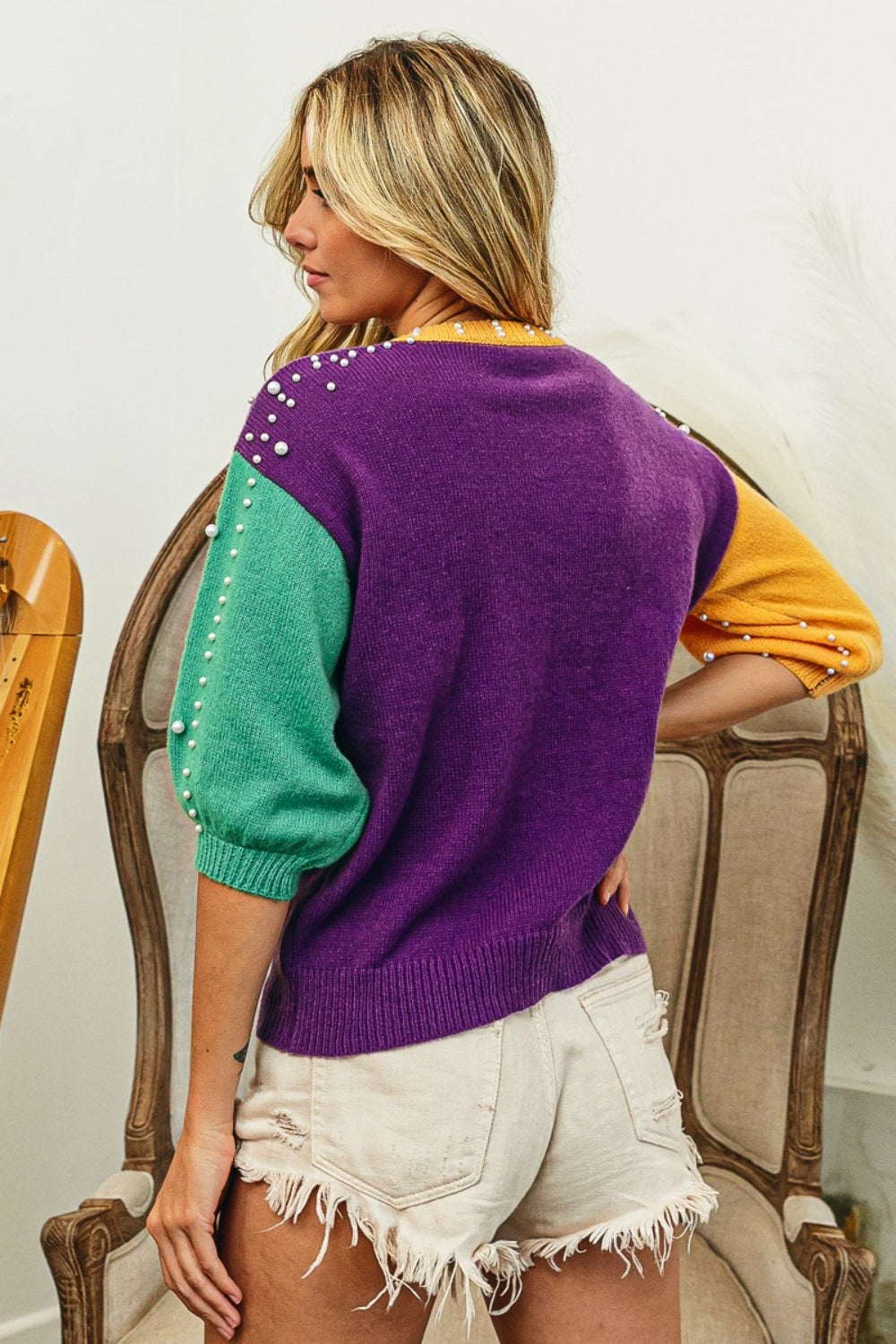 BiBi Color Block Pearl Detail Round Neck Sweater - The Boutie Shop