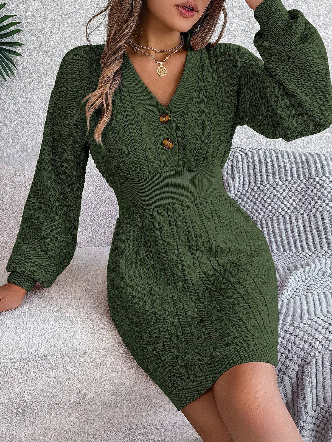 Buttoned Cable-Knit V-Neck Sweater Dress - The Boutie Shop