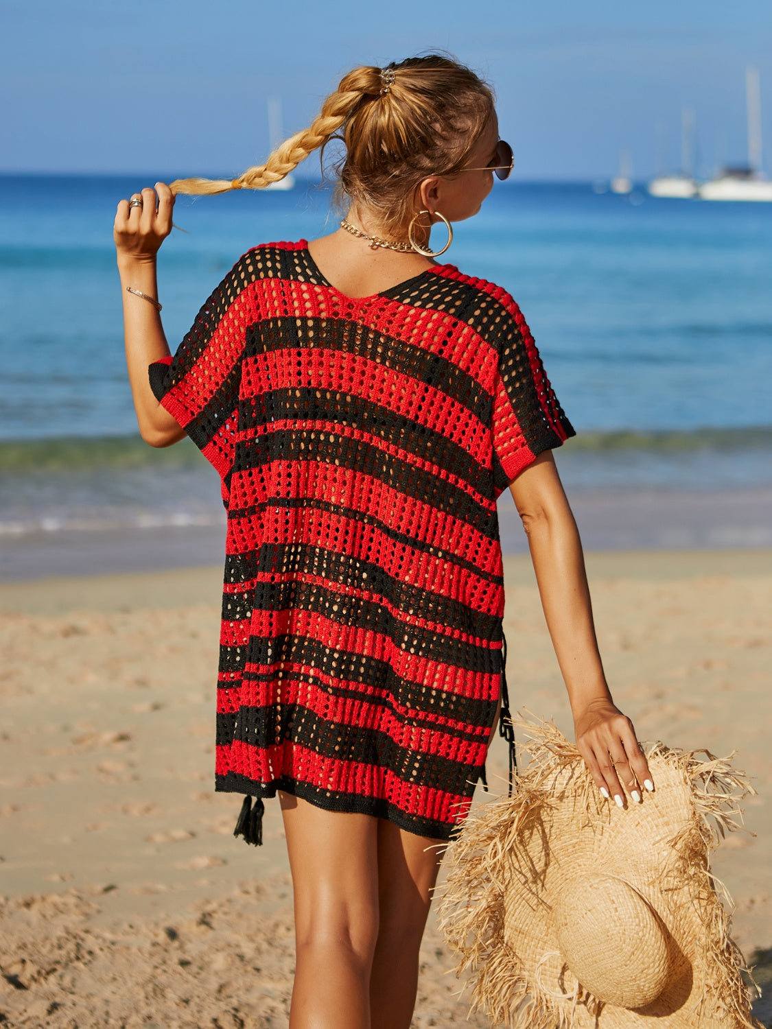 Angel Wings Tassel Openwork Striped V-Neck Cover Up - The Boutie Shop