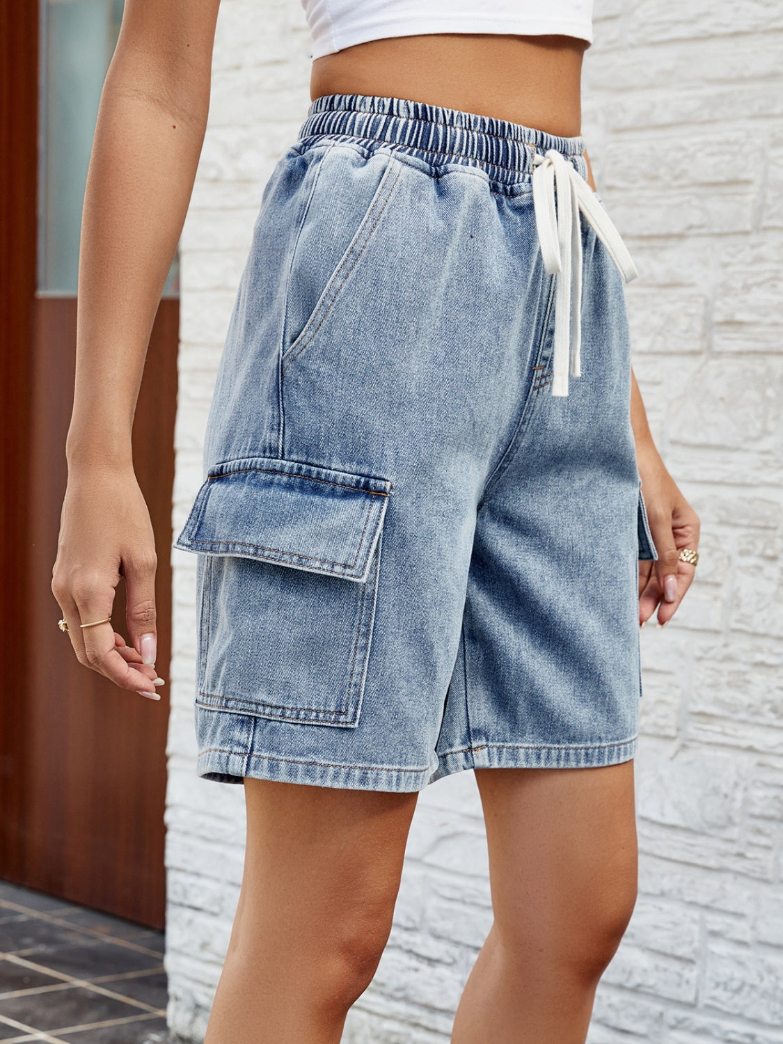 Drawstring Denim Shorts with Pockets - The Boutie Shop