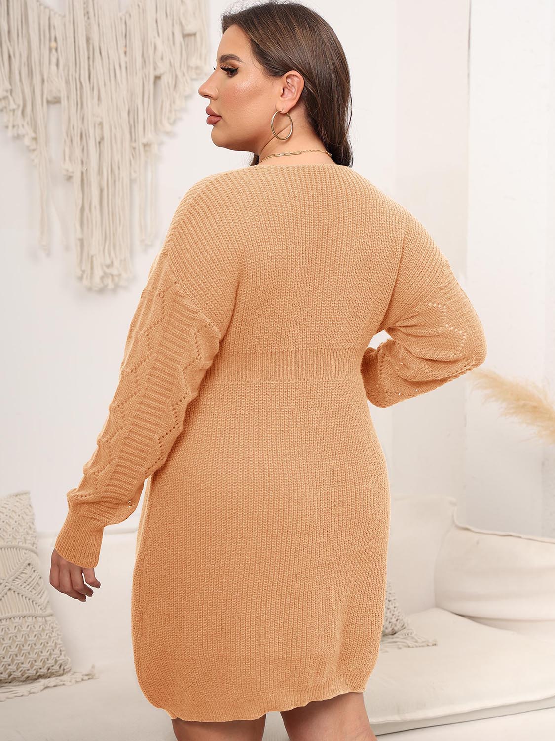 Plus Size Dropped Shoulder Long Sleeve Knit Mini Dress - The Boutie Shop