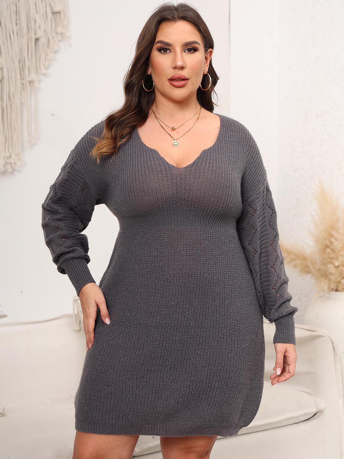 Plus Size Dropped Shoulder Long Sleeve Knit Mini Dress - The Boutie Shop