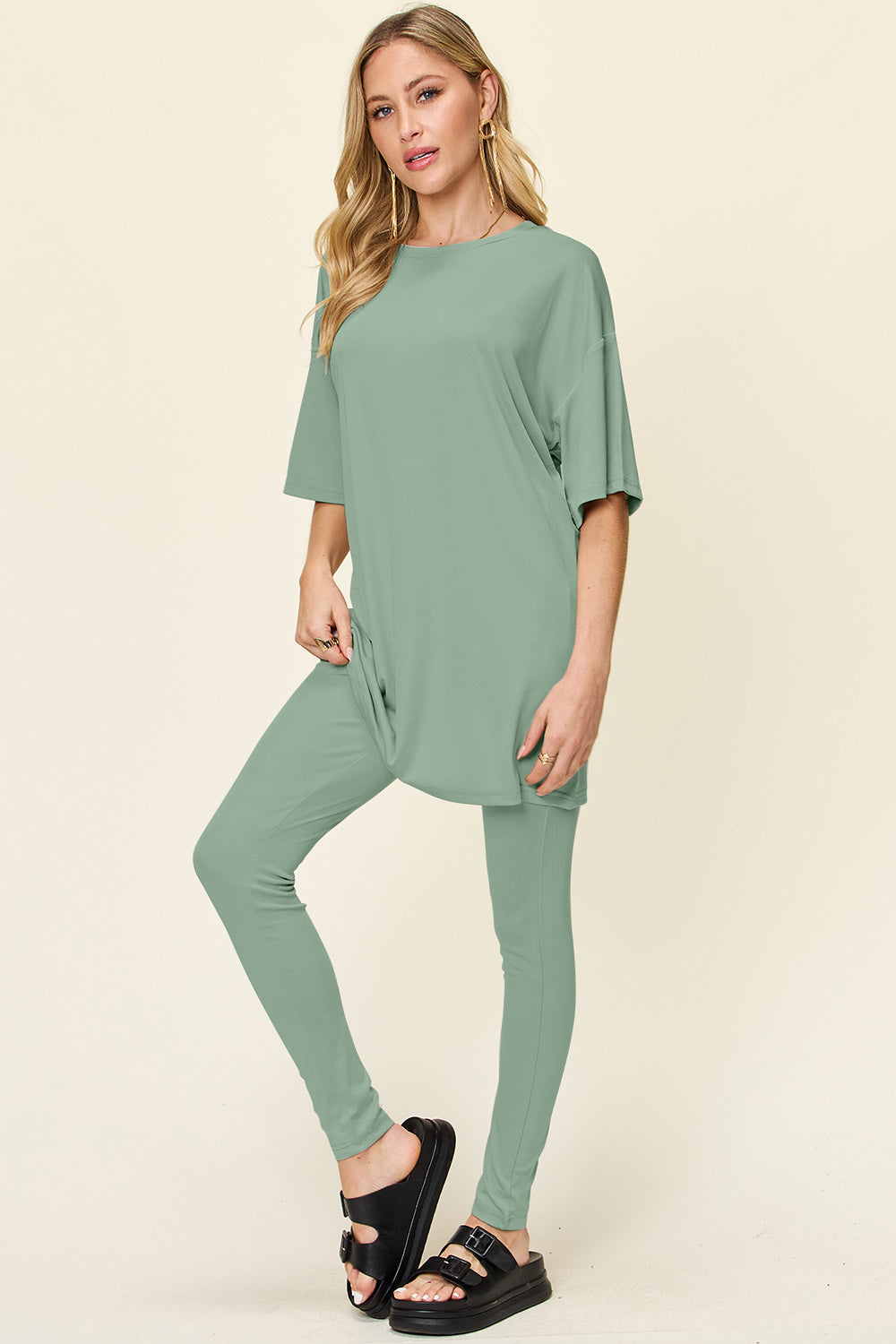 Double Take Full Size Round Neck Dropped Shoulder T-Shirt and Leggings Set - The Boutie Shop