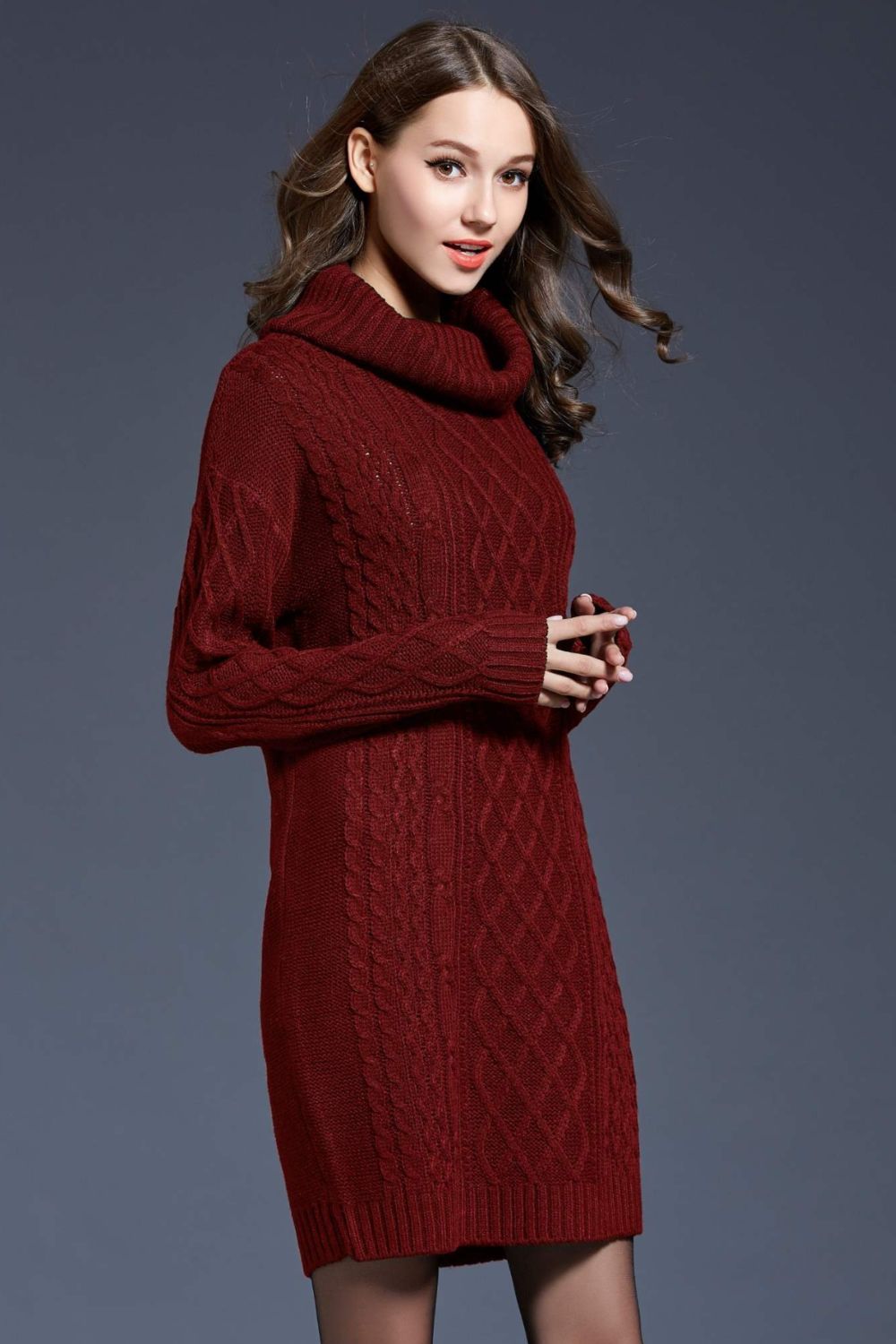 Woven Right Full Size Mixed Knit Cowl Neck Dropped Shoulder Sweater Dress - The Boutie Shop