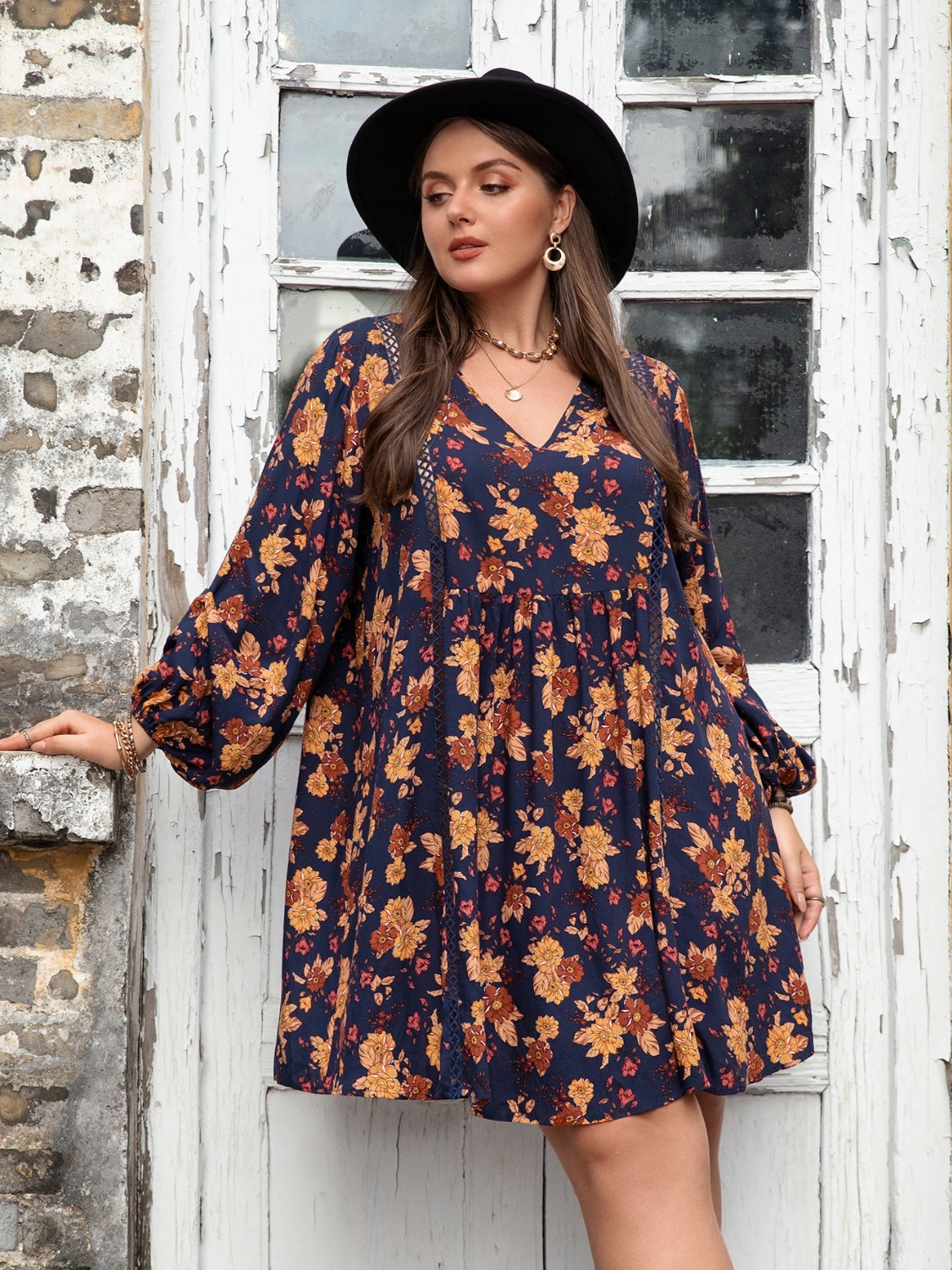 Plus Size Floral V-Neck Balloon Sleeve Dress - The Boutie Shop