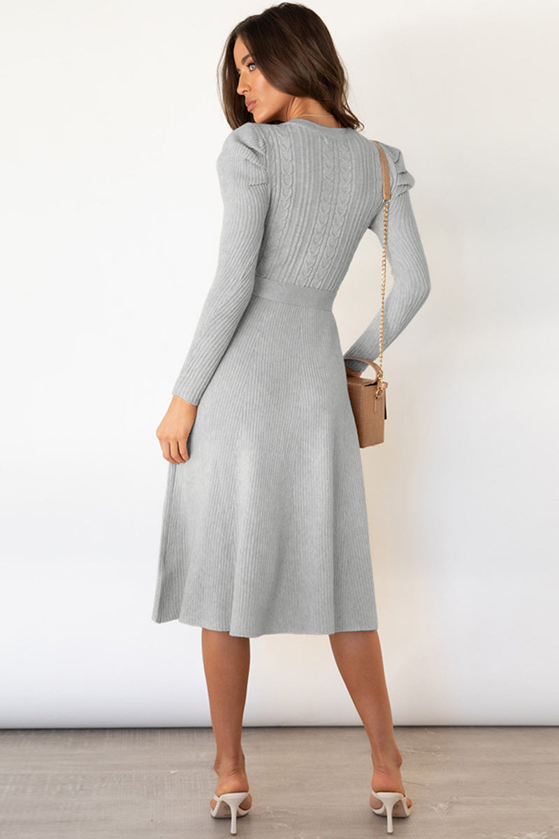 Round Neck Long Sleeve Tie Waist Sweater Dress - The Boutie Shop