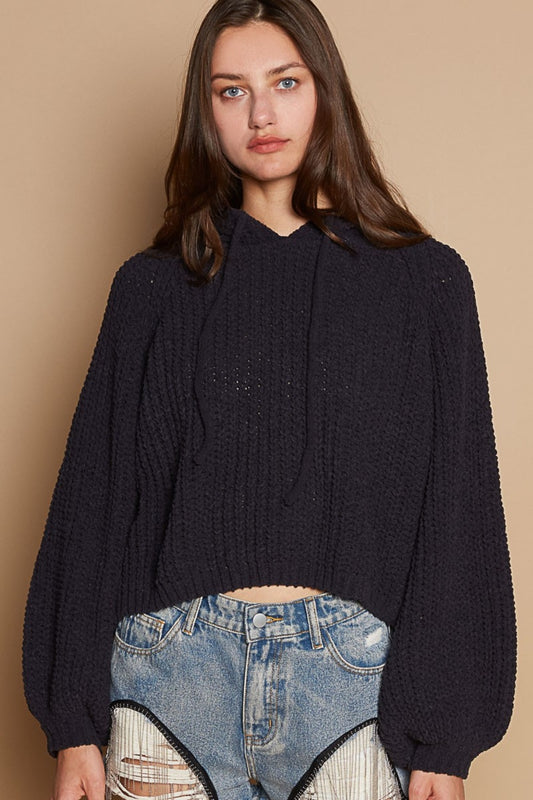 POL Back Open Slit Balloon Sleeve Crop Hooded Sweater - The Boutie Shop