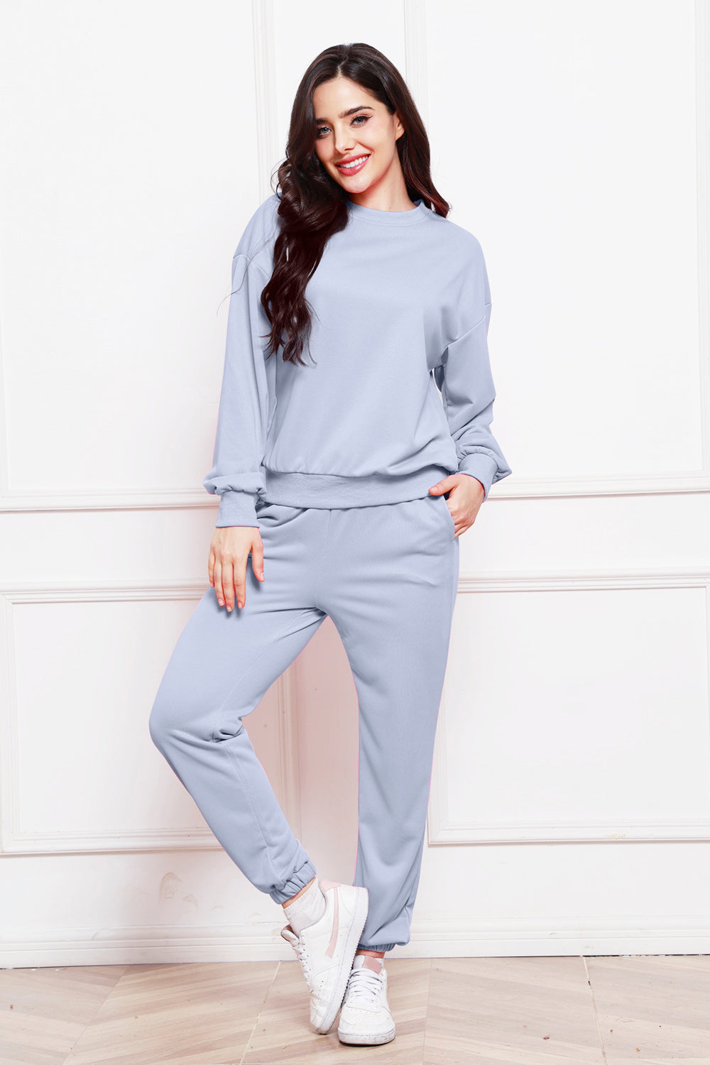 Round Neck Long Sleeve Sweatshirt and Pants Set - The Boutie Shop