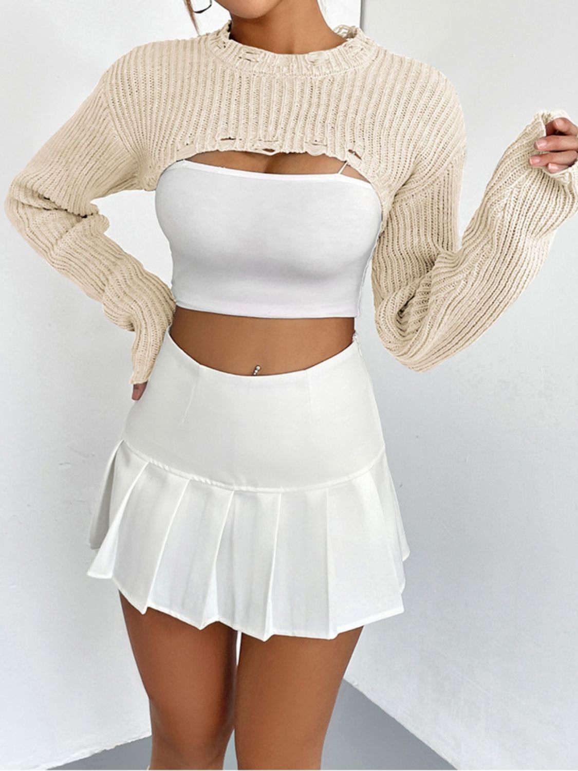 Distressed Long Sleeve Cropped Sweater - The Boutie Shop