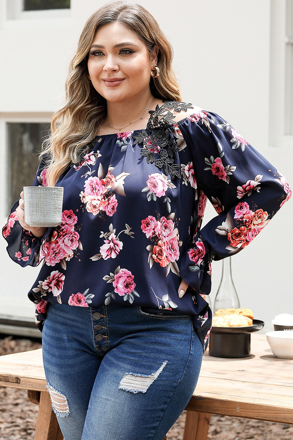 Plus Size Floral Flounce Sleeve Blouse - The Boutie Shop