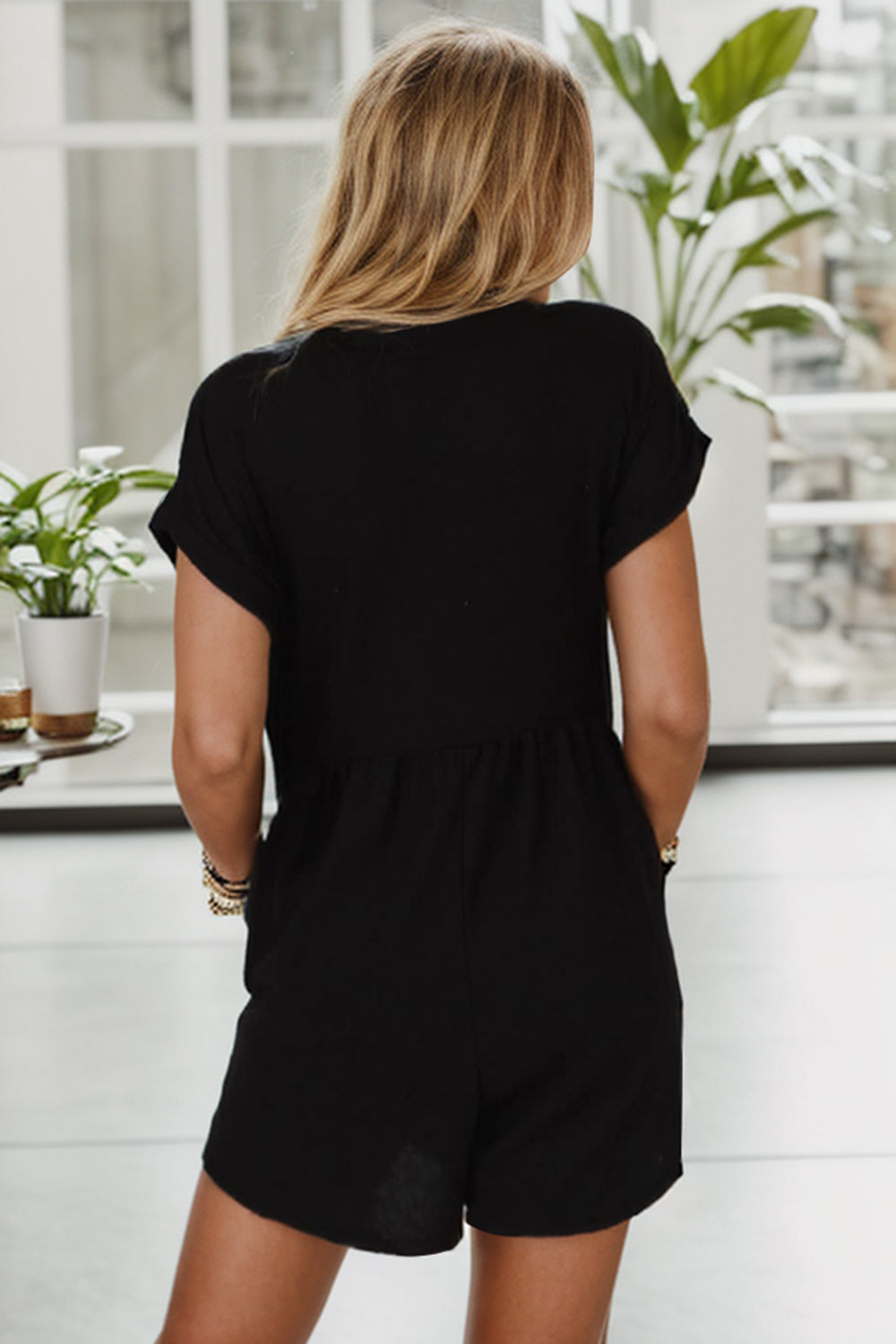 Pocketed V-Neck Short Sleeve Romper - The Boutie Shop