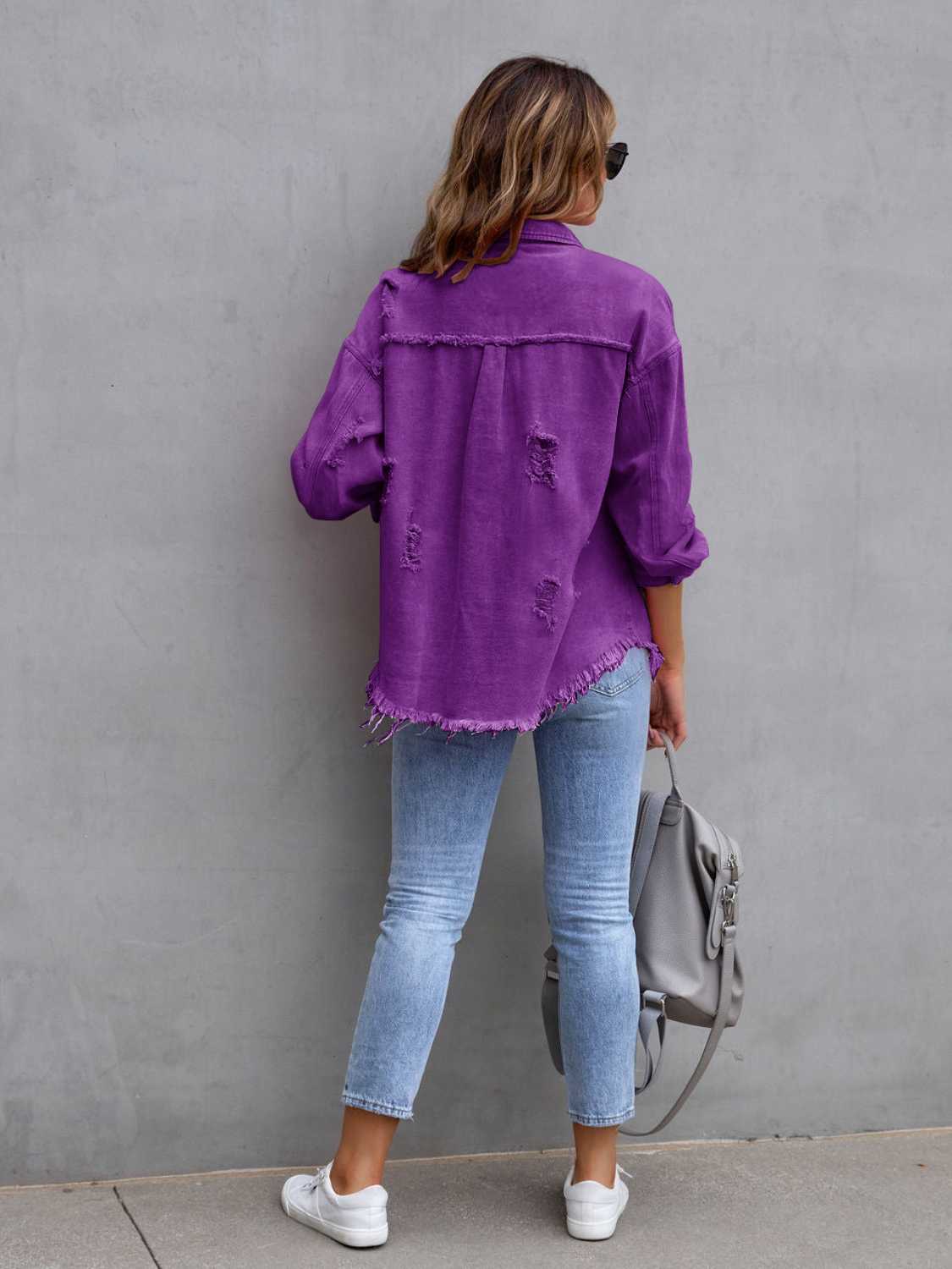 Distressed Drop Shoulder Denim Jacket - The Boutie Shop