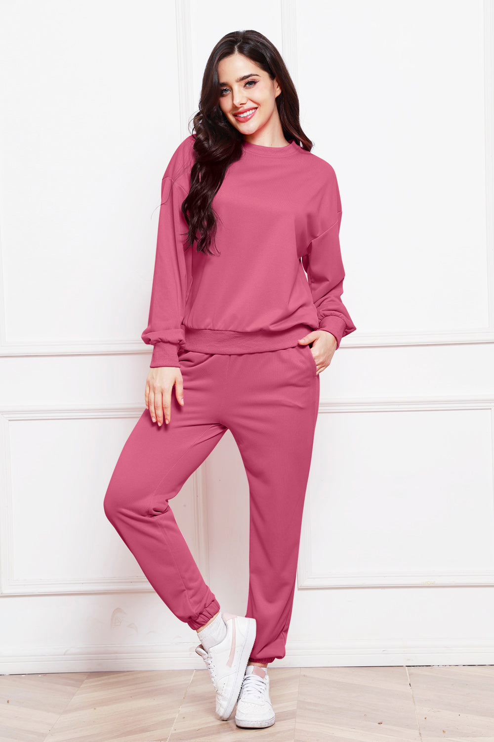 Round Neck Long Sleeve Sweatshirt and Pants Set - The Boutie Shop