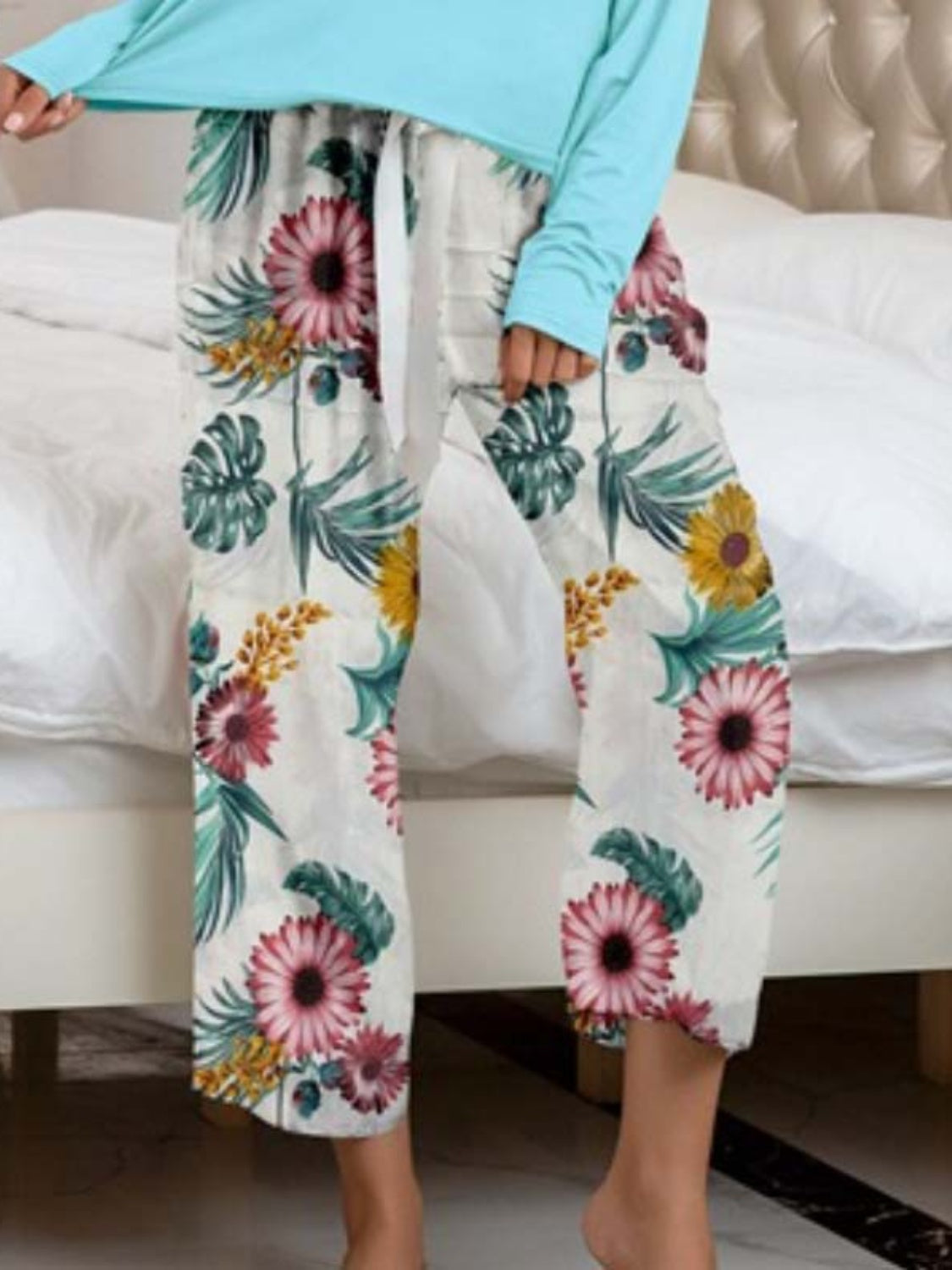 Round Neck Top and Printed Pants Lounge Set - The Boutie Shop