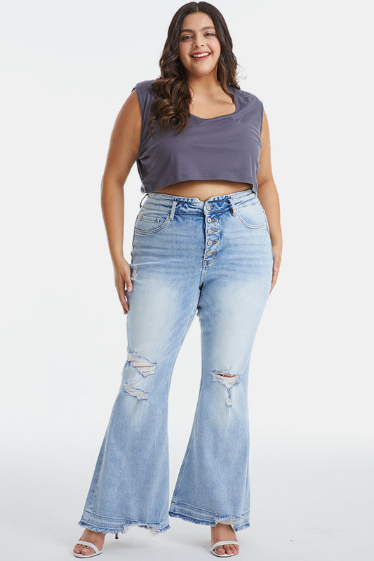 BAYEAS Full Size Distressed Raw Hem High Waist Flare Jeans - The Boutie Shop