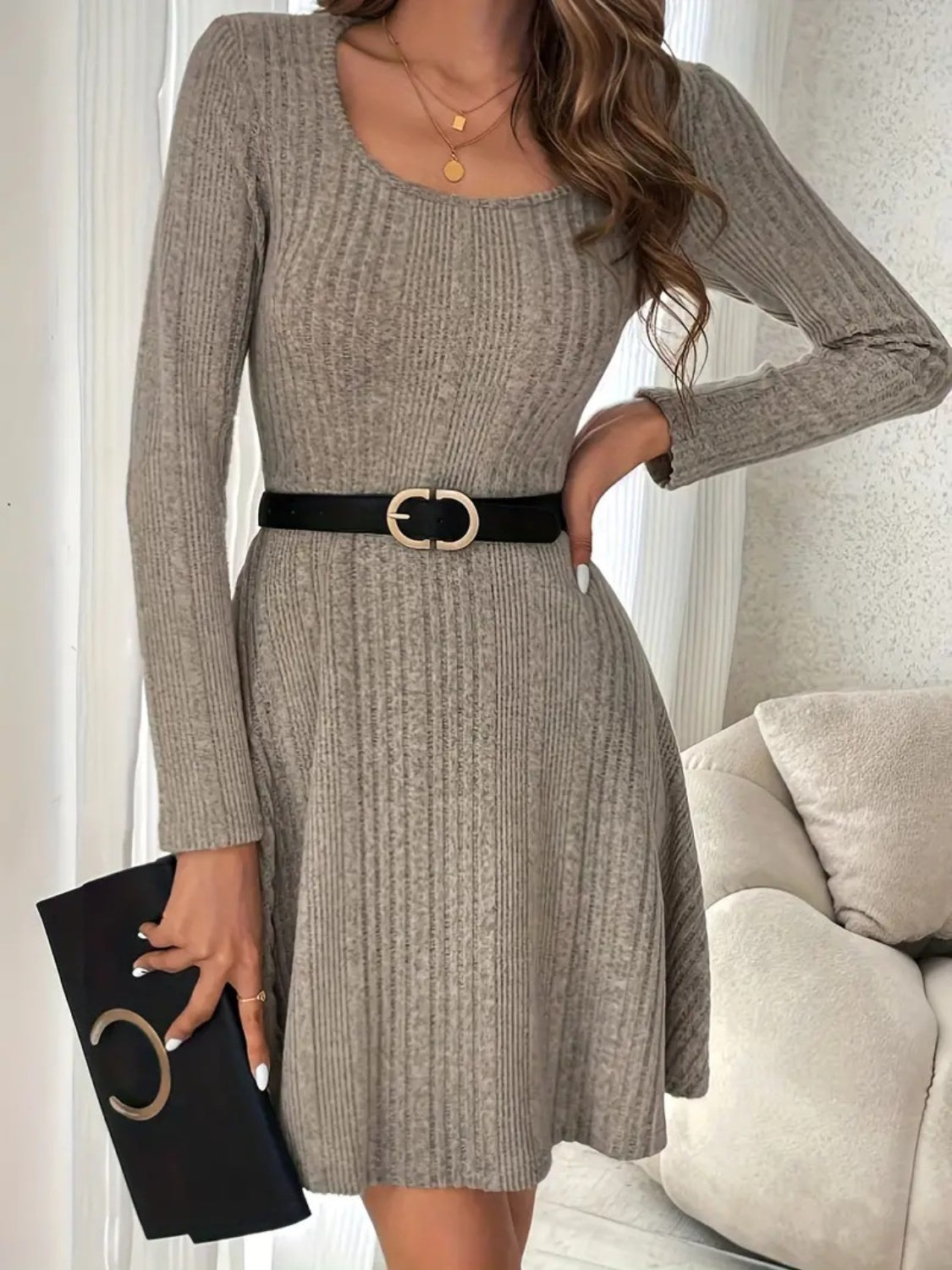 Ribbed Scoop Neck Long Sleeve Sweater Dress - The Boutie Shop