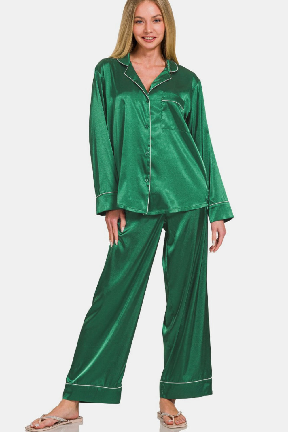 Zenana Satin Long Sleeve Shirt and Pants Pajama Set - The Boutie Shop