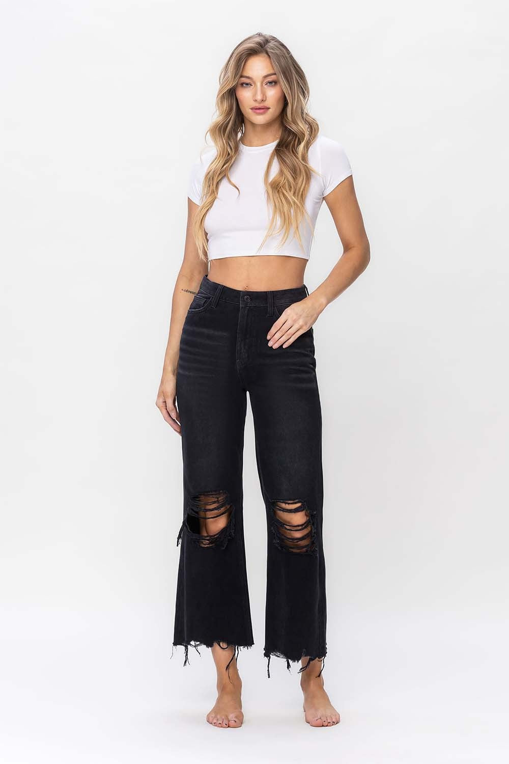 Vervet by Flying Monkey Vintage Ultra High Waist Distressed Crop Flare Jeans - The Boutie Shop