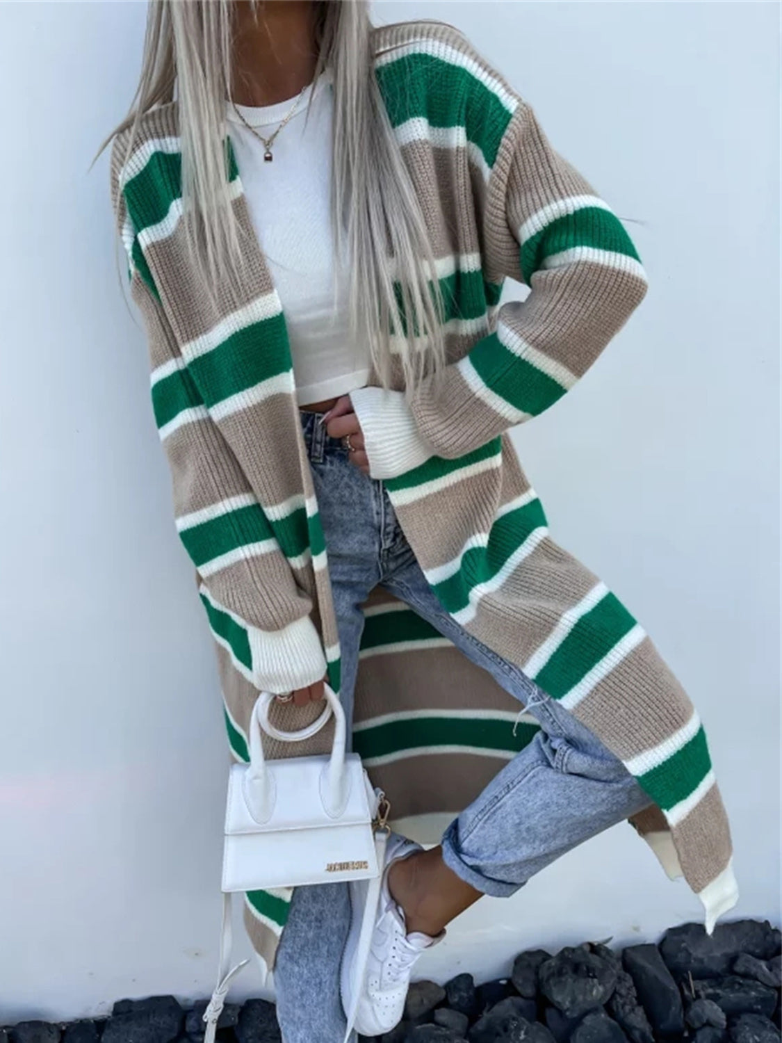 Striped Open Front Longline Cardigan - The Boutie Shop
