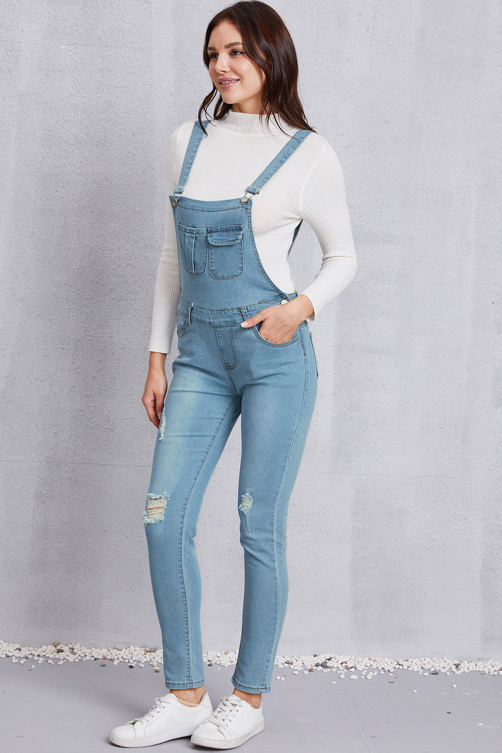 Distressed Washed Denim Overalls with Pockets - The Boutie Shop