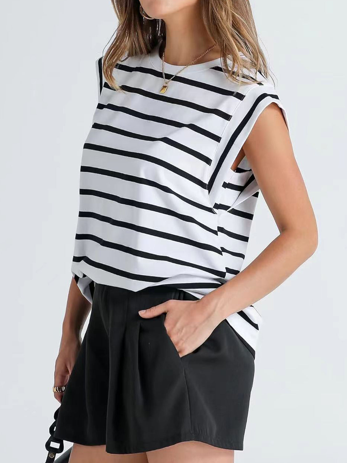 Striped Round Neck Cap Sleeve T-Shirt - The Boutie Shop