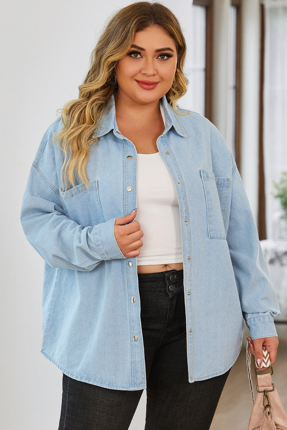 Plus Size Snap Down Pocketed Denim Jacket - The Boutie Shop