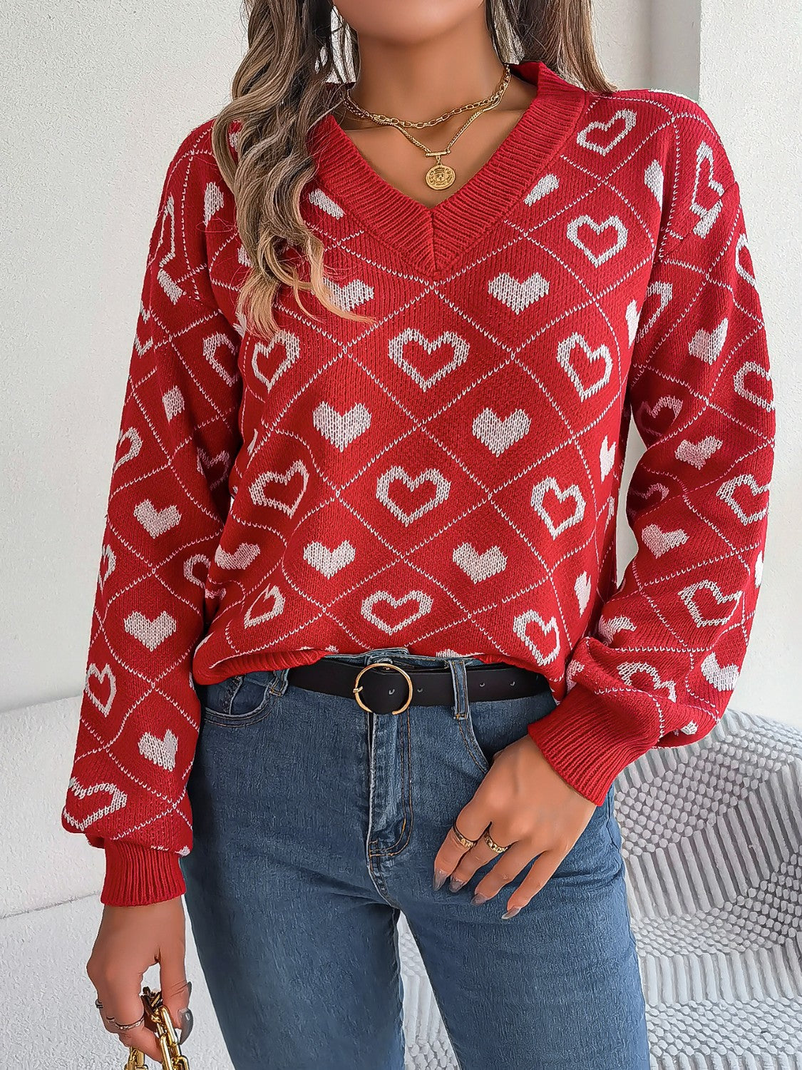 Heart Pattern V-Neck Long Sleeve Sweater - The Boutie Shop