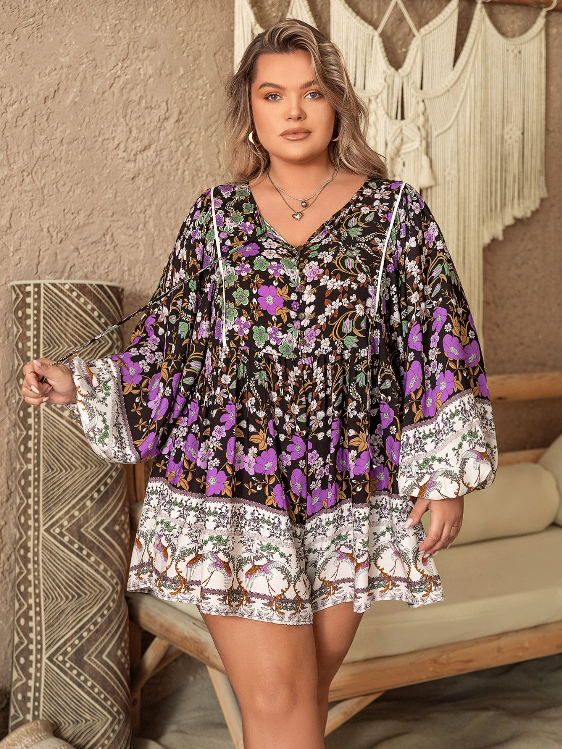 Plus Size Printed Tie Neck Mini Dress - The Boutie Shop