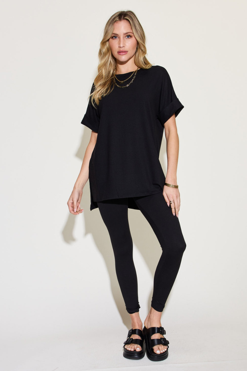 Zenana Plus Size Short Sleeve Slit T-Shirt and Leggings Lounge Set - The Boutie Shop