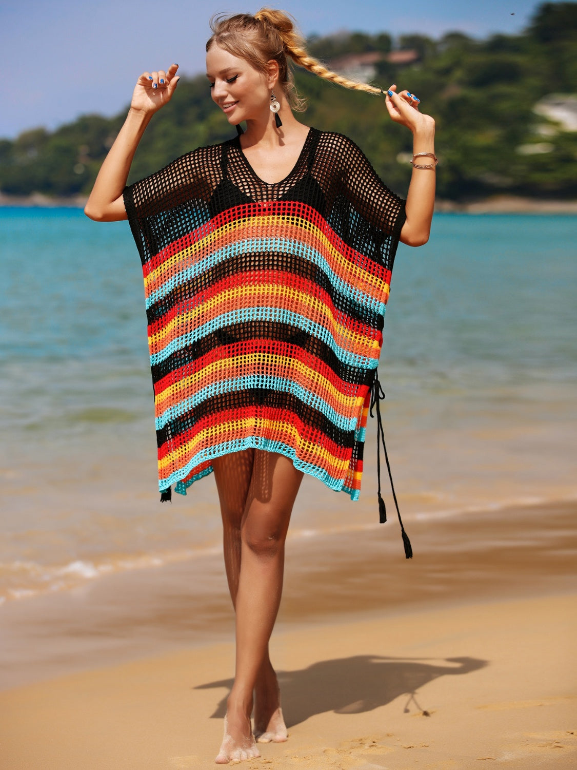 Angel Wings Cutout Striped Cover-Up with Tassel - The Boutie Shop