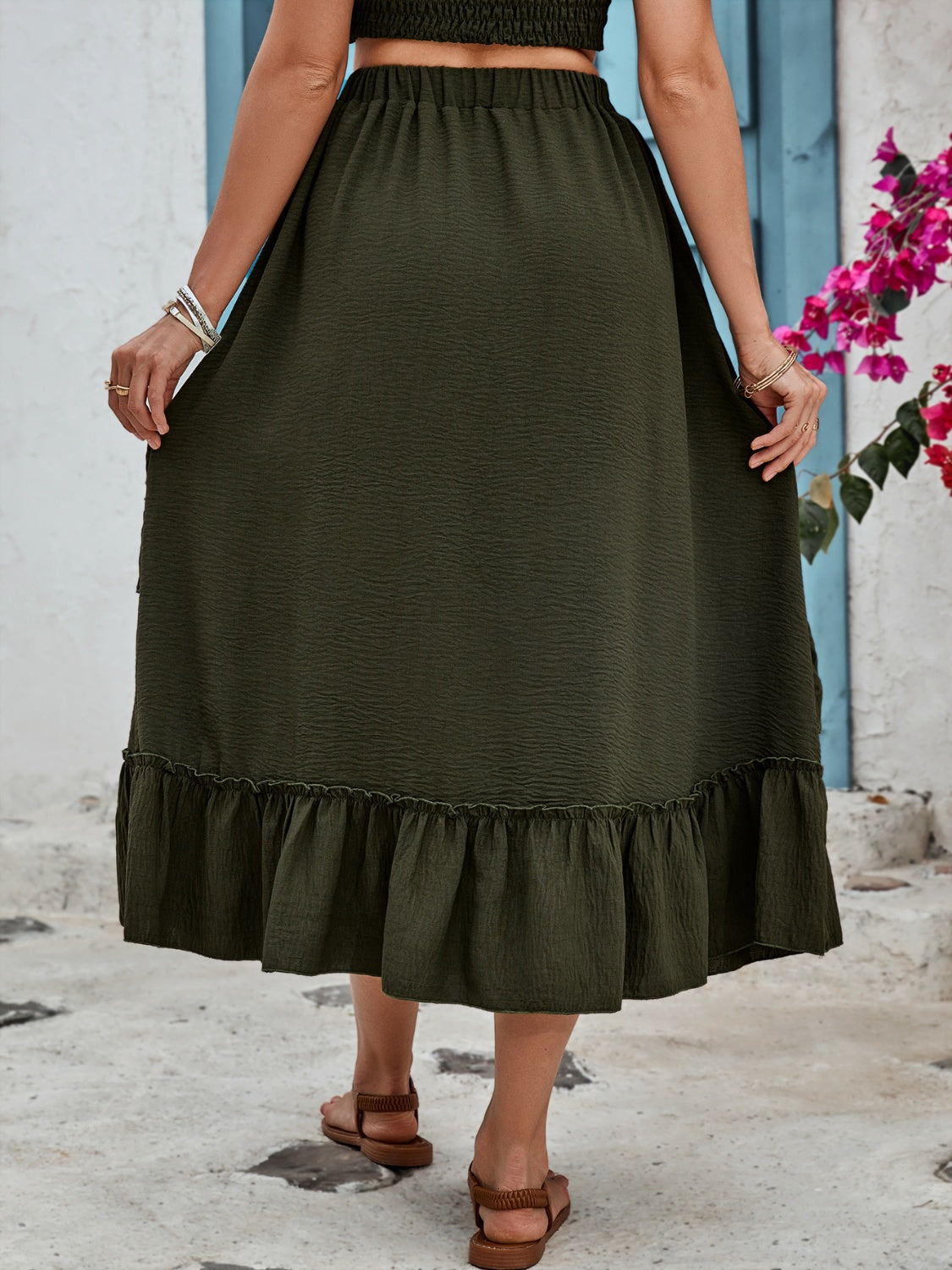 Honey Ruffled Elastic Waist Midi Skirt - The Boutie Shop