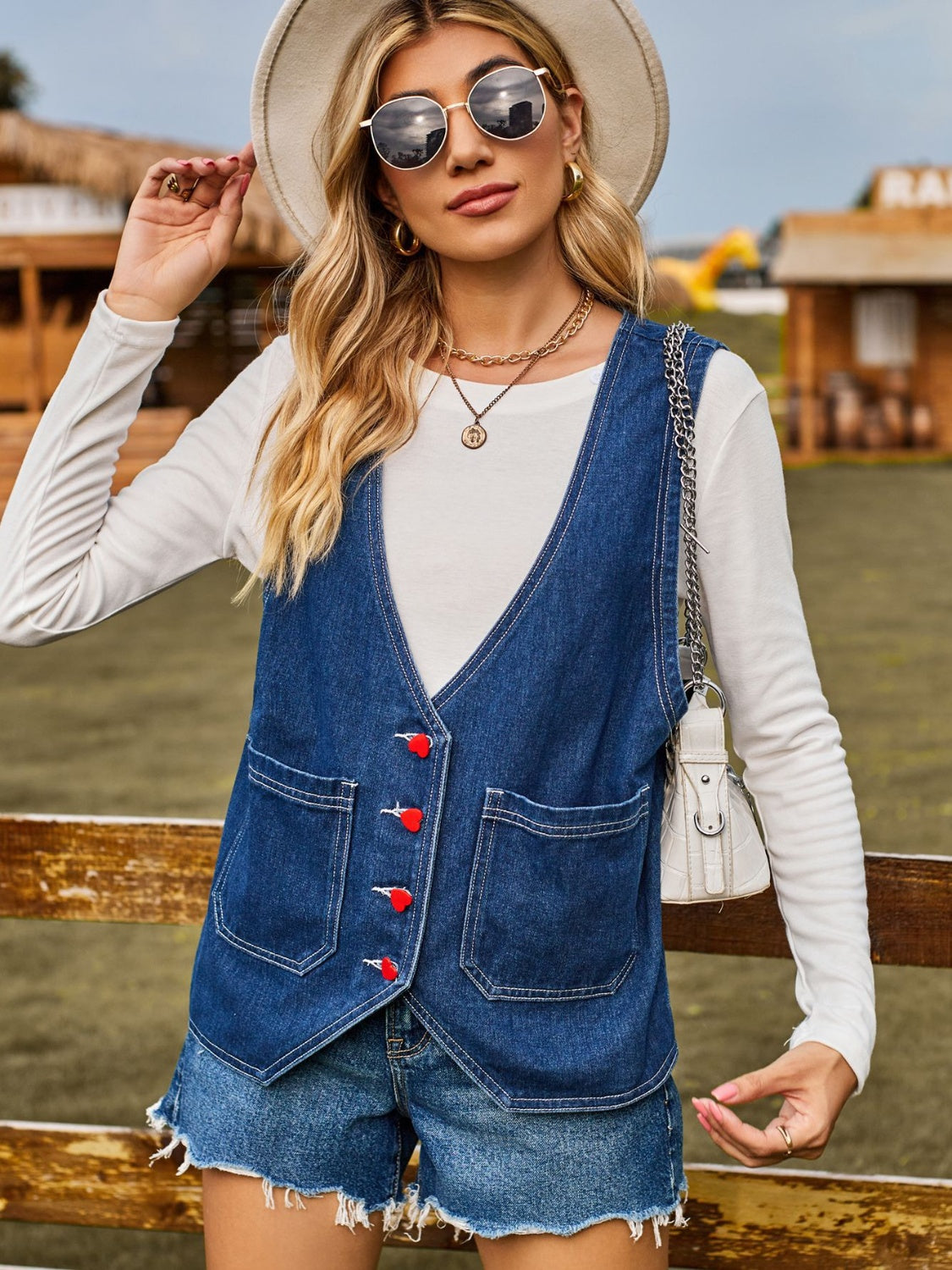 Pocketed Button Up Sleeveless Denim Jacket - The Boutie Shop