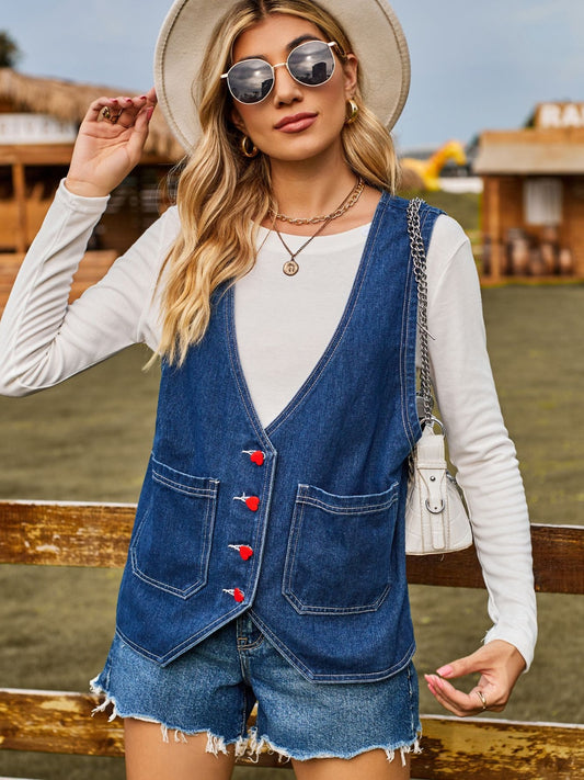 Pocketed Button Up Sleeveless Denim Jacket - The Boutie Shop