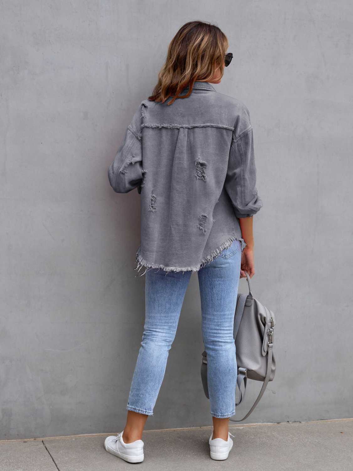 Distressed Drop Shoulder Denim Jacket - The Boutie Shop