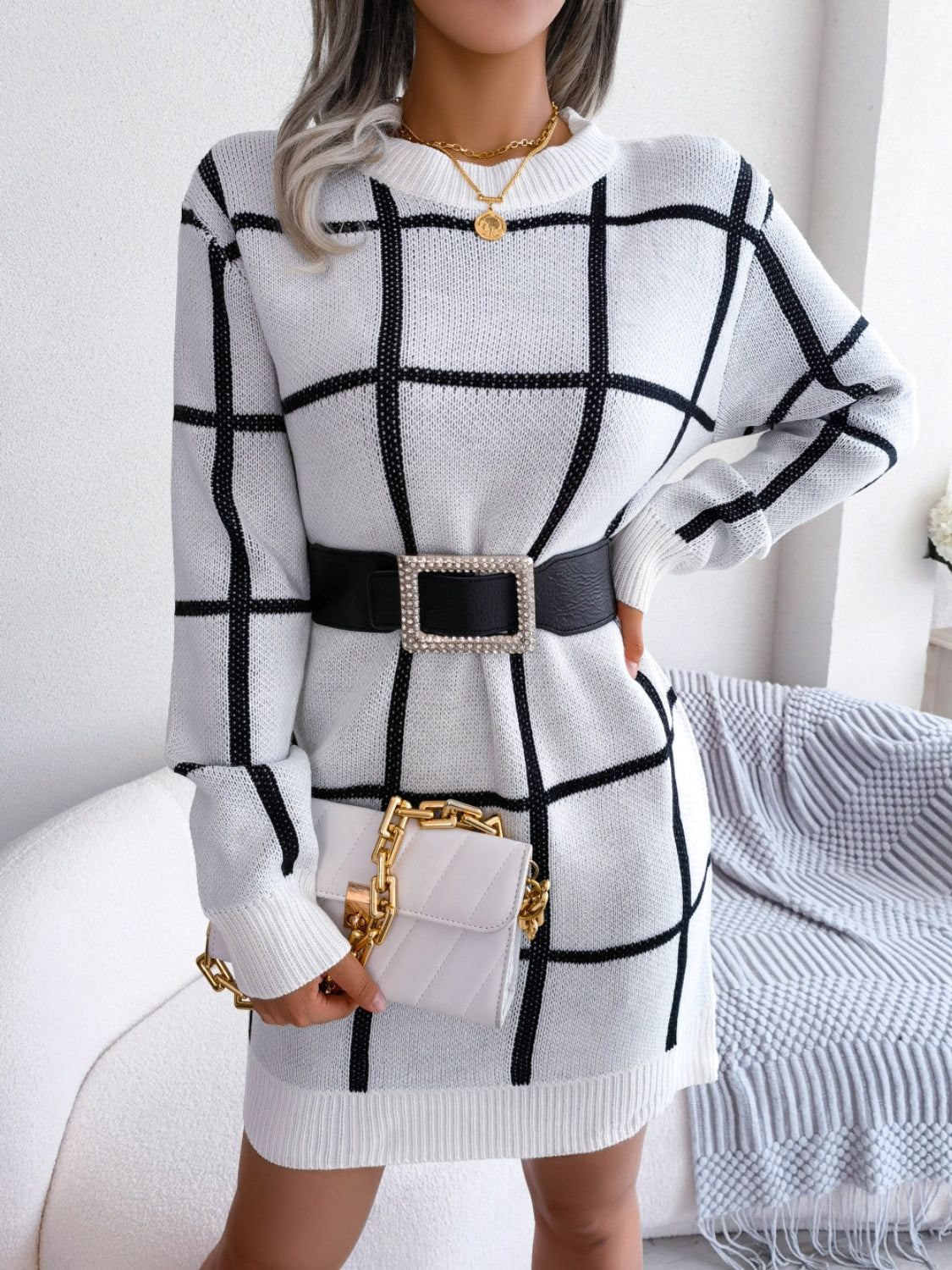 Plaid Round Neck Dropped Shoulder Sweater Dress - The Boutie Shop