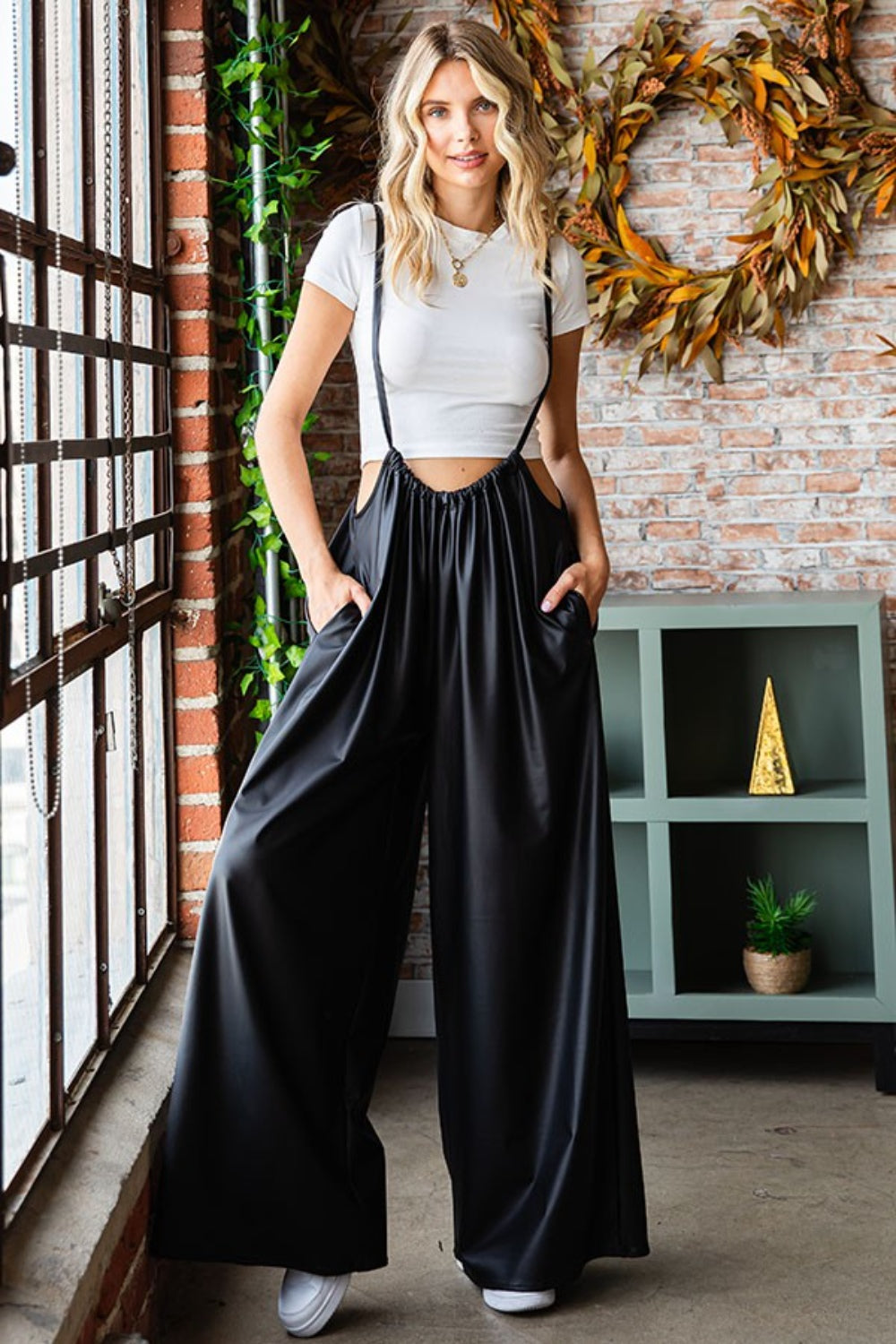 First Love Drawstring Back Spaghetti Strap Wide Leg Overall - The Boutie Shop