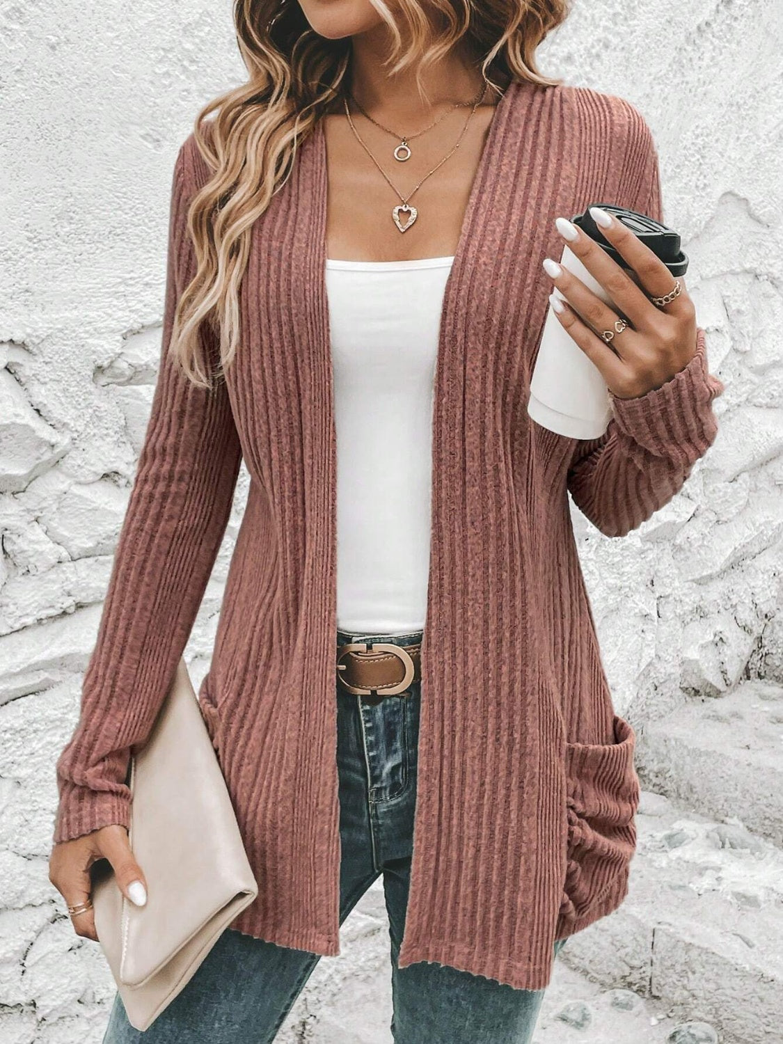 Ribbed Open Front Cardigan with Pockets - The Boutie Shop