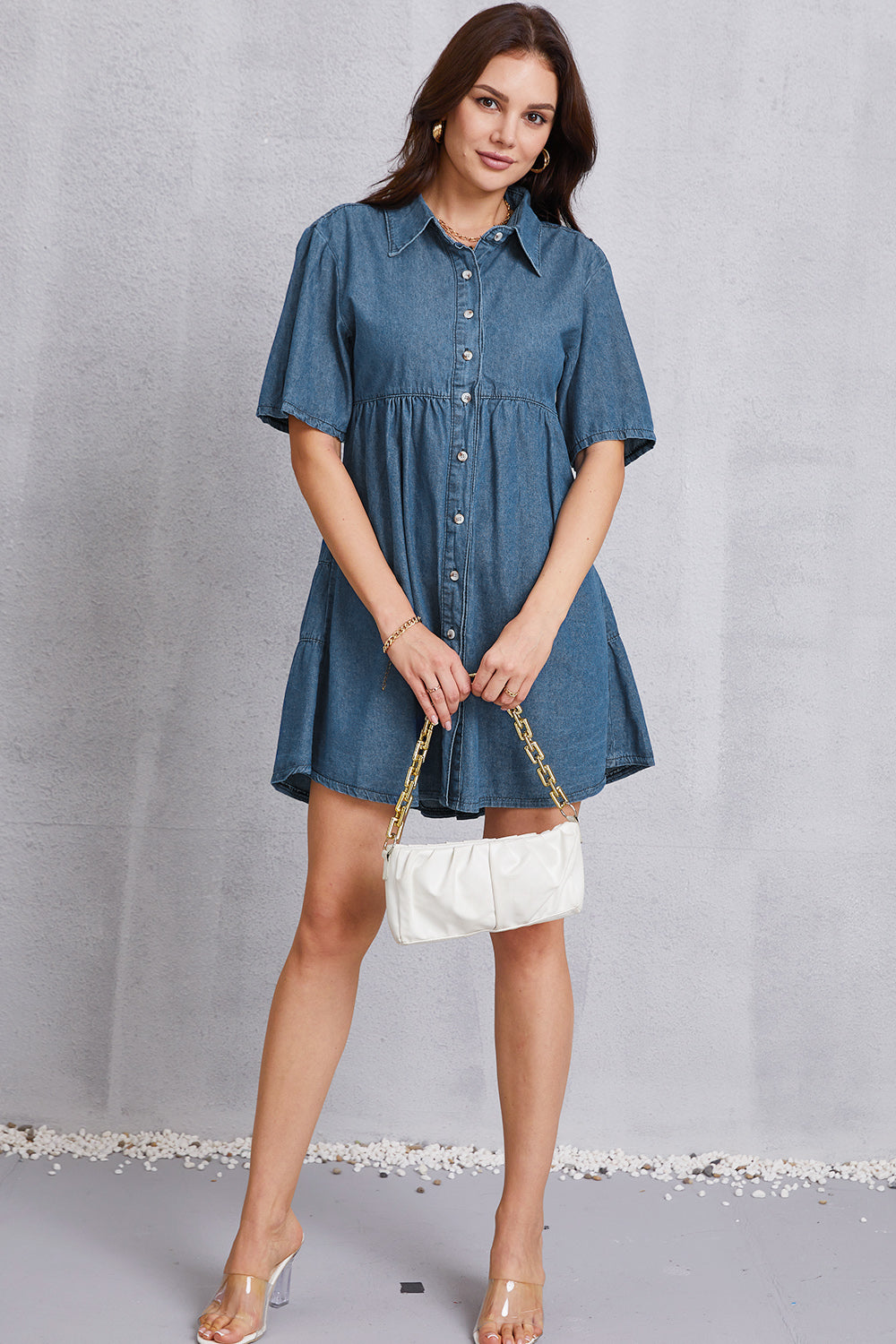 Button Up Collared Neck Tiered Denim Dress - The Boutie Shop