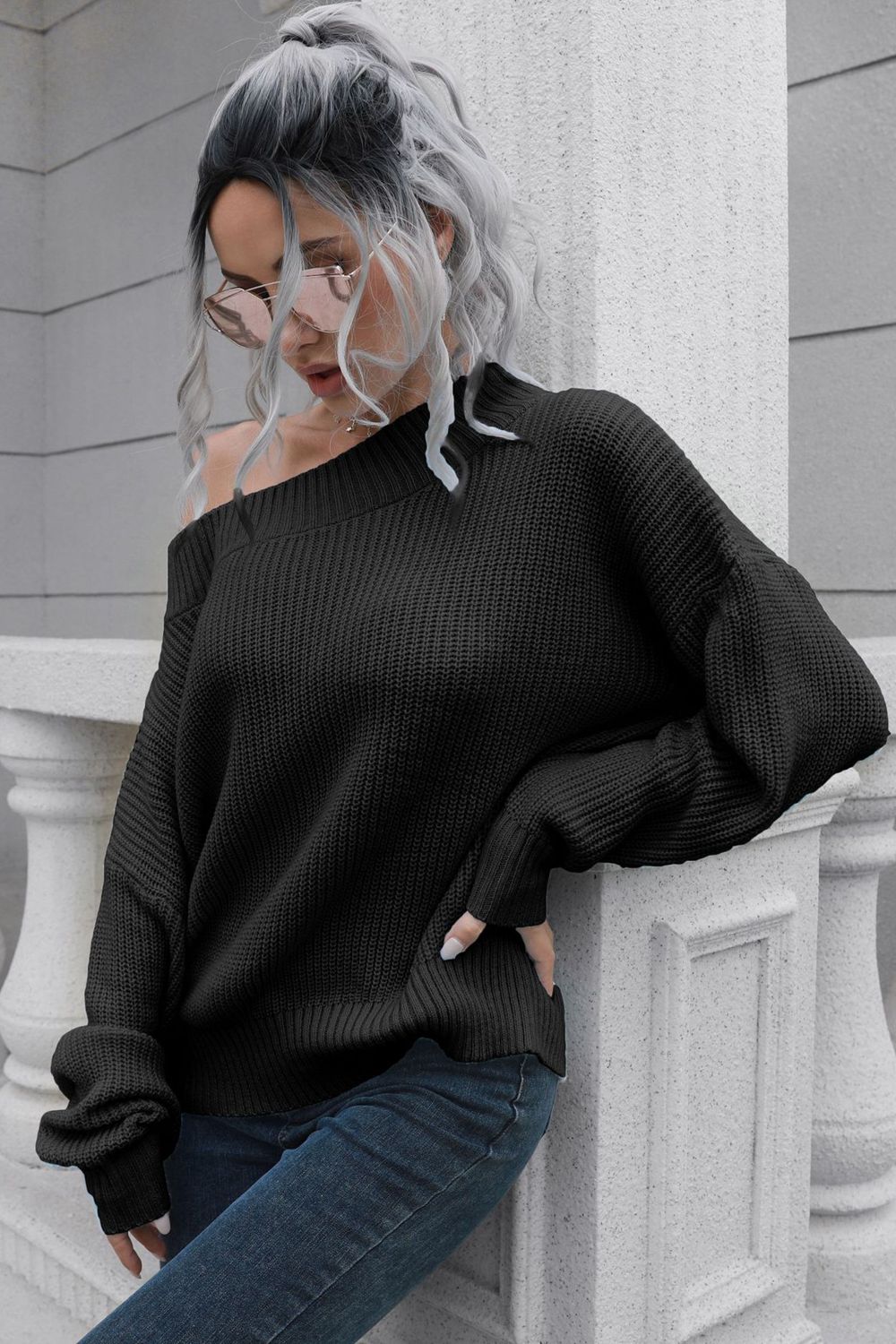 Off-Shoulder Ribbed Long Sleeve Pullover Sweater - The Boutie Shop