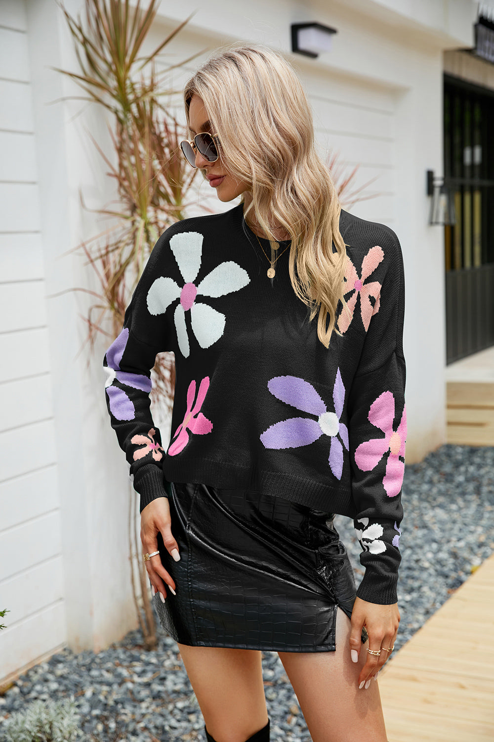 Flower Round Neck Drop Shoulder Sweater - The Boutie Shop