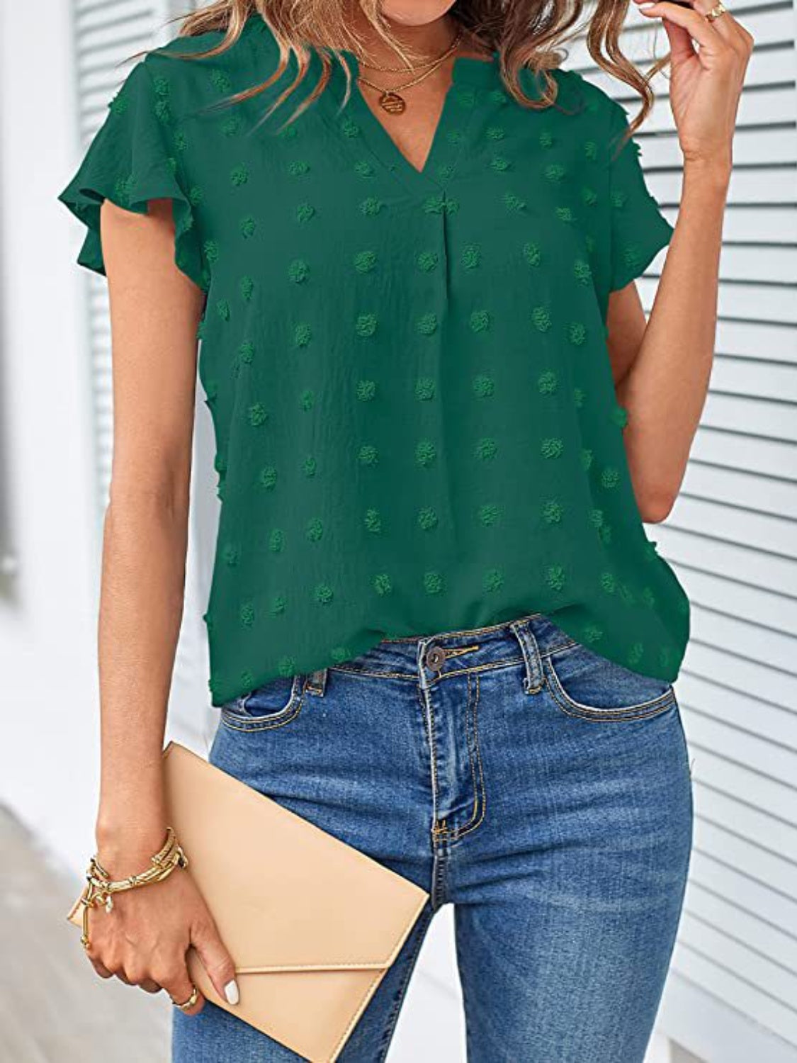 Swiss Dot Notched Cap Sleeve Blouse - The Boutie Shop