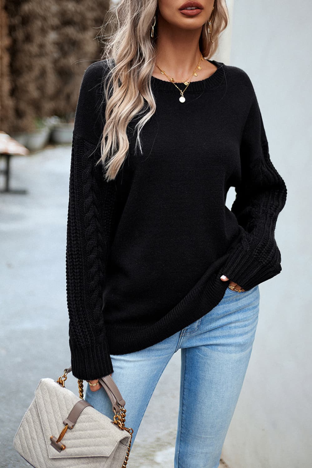 Devine Cable-Knit Round Neck Drop Shoulder Sweater - The Boutie Shop