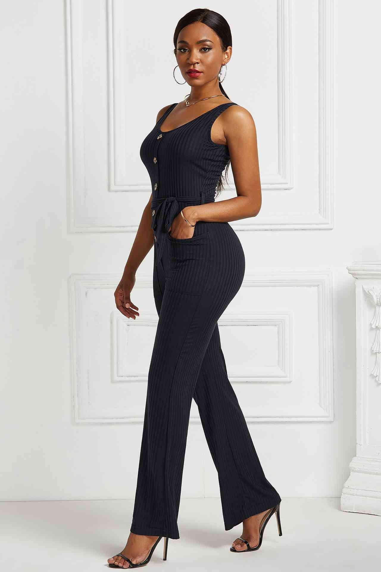 Button Detail Tie Waist Jumpsuit with Pockets - The Boutie Shop