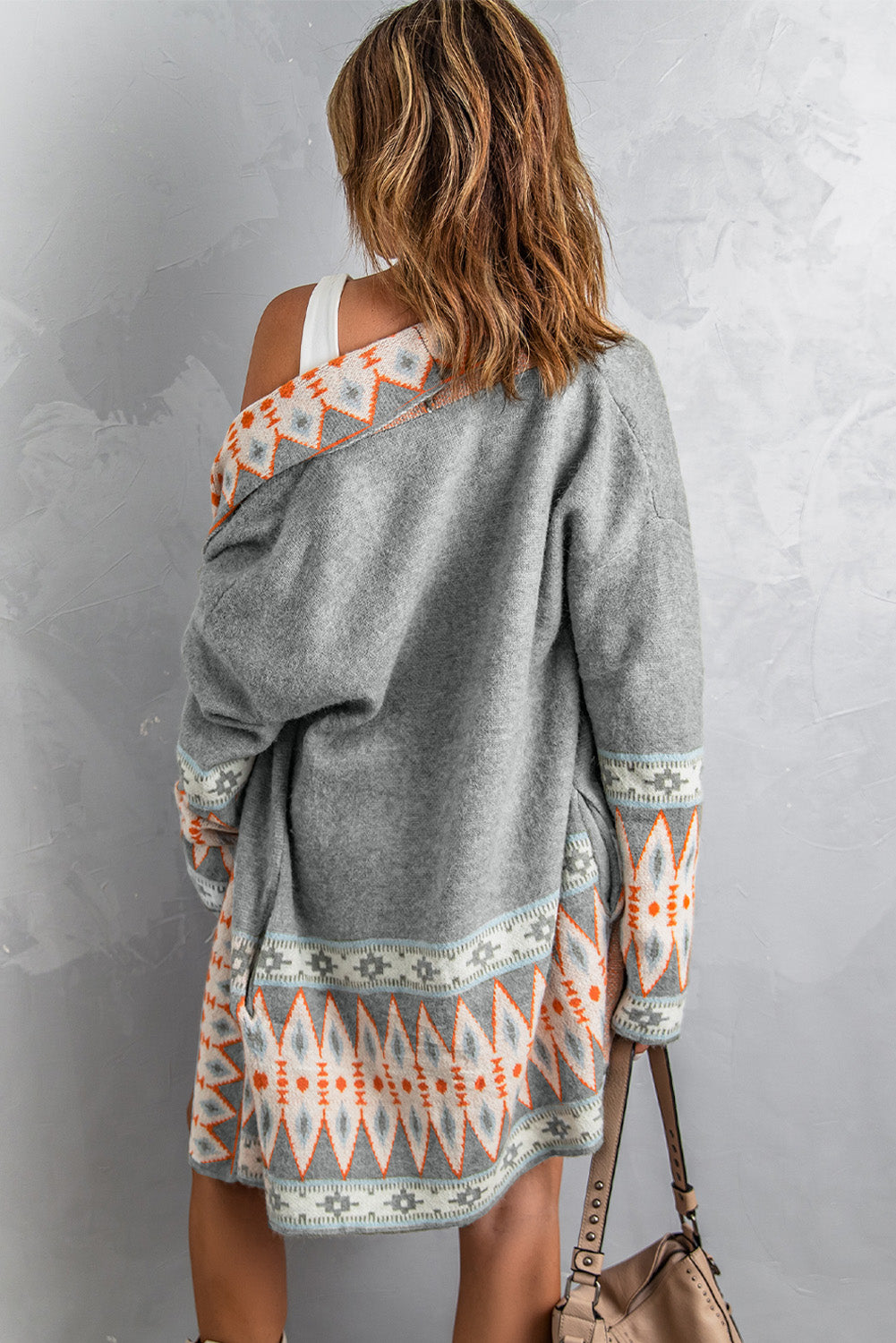 Geometric Open Front Long Sleeve Cardigan - The Boutie Shop