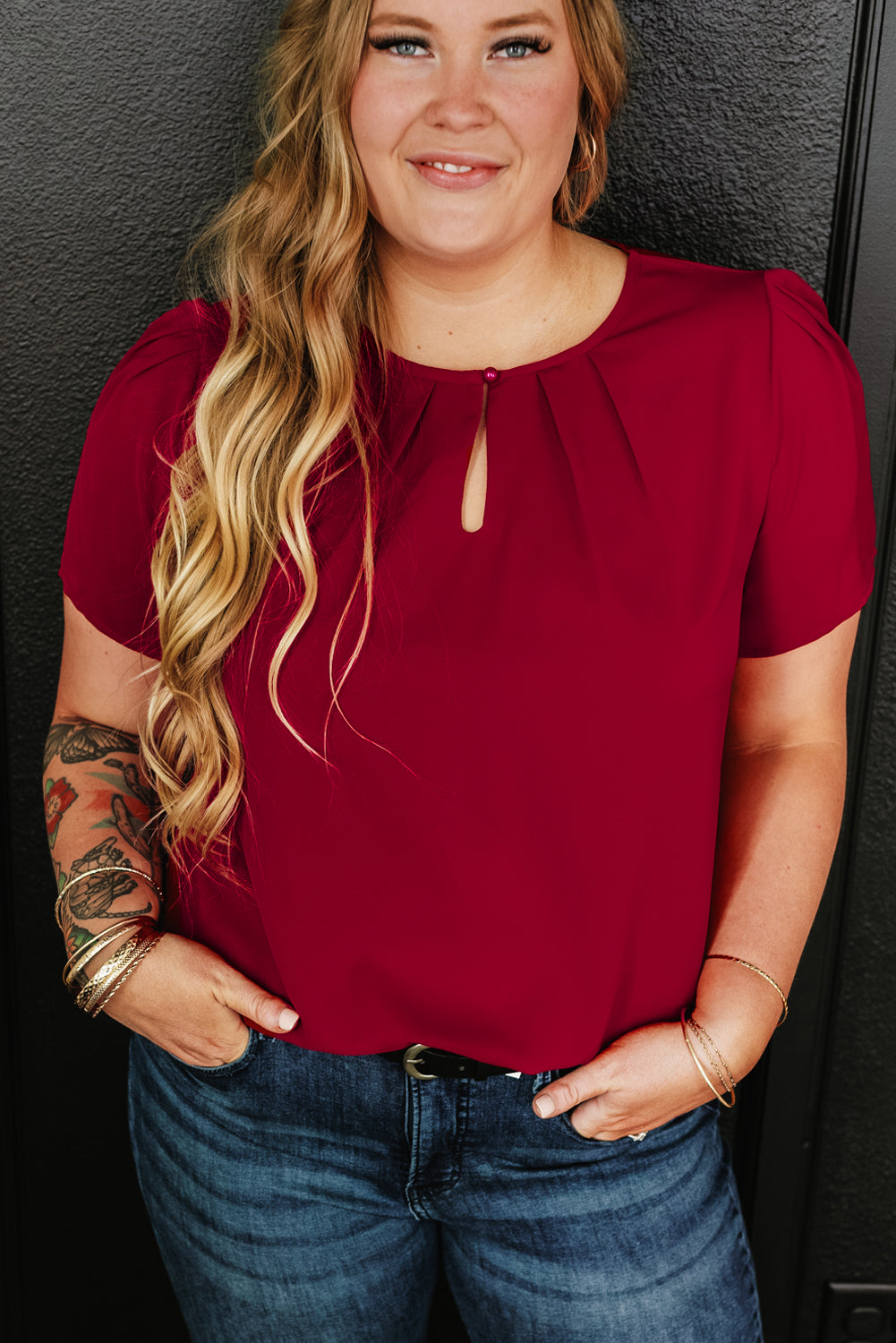 Plus Size Round Neck Short Sleeve Blouse - The Boutie Shop