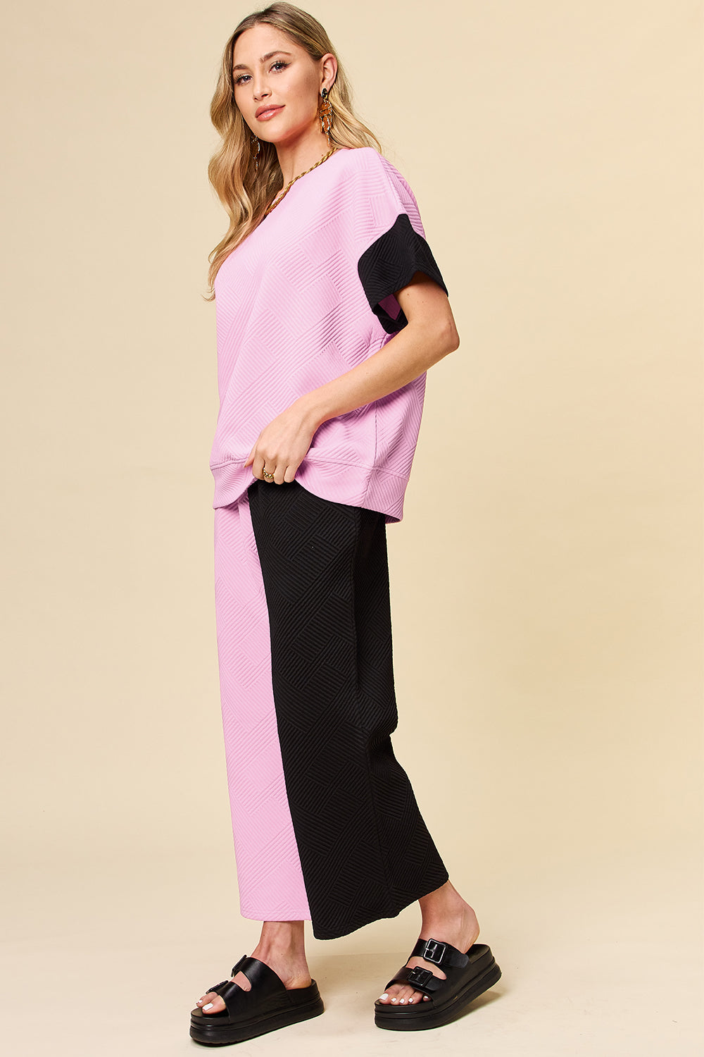 Double Take Full Size Texture Contrast T-Shirt and Wide Leg Pants Set - The Boutie Shop