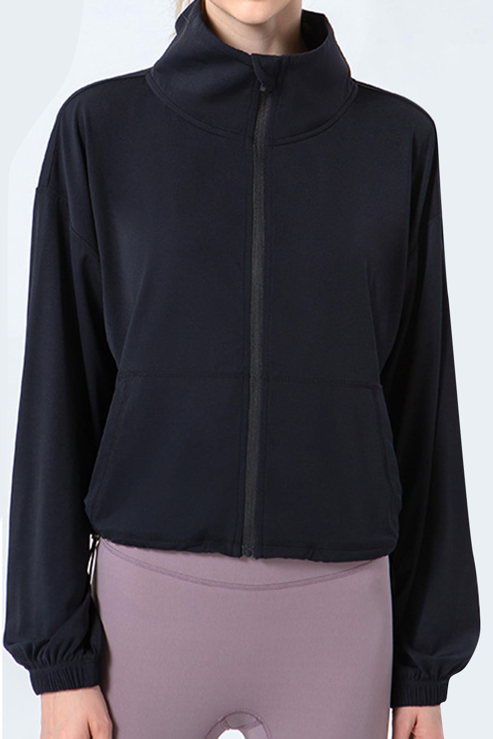 Drawstring Zip Up Dropped Shoulder Active Outerwear - The Boutie Shop